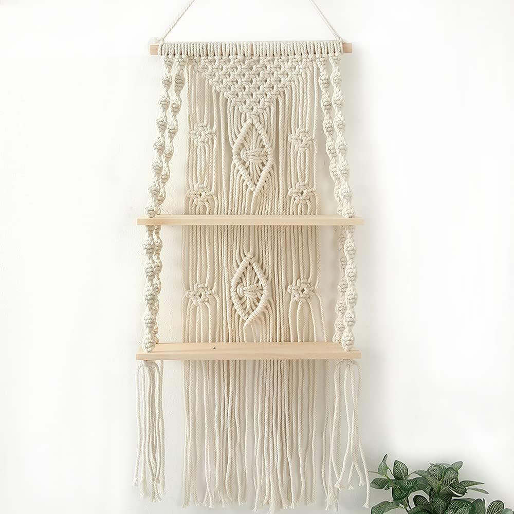 Macrame Hanging Shelf – White Wooden Wall Decor