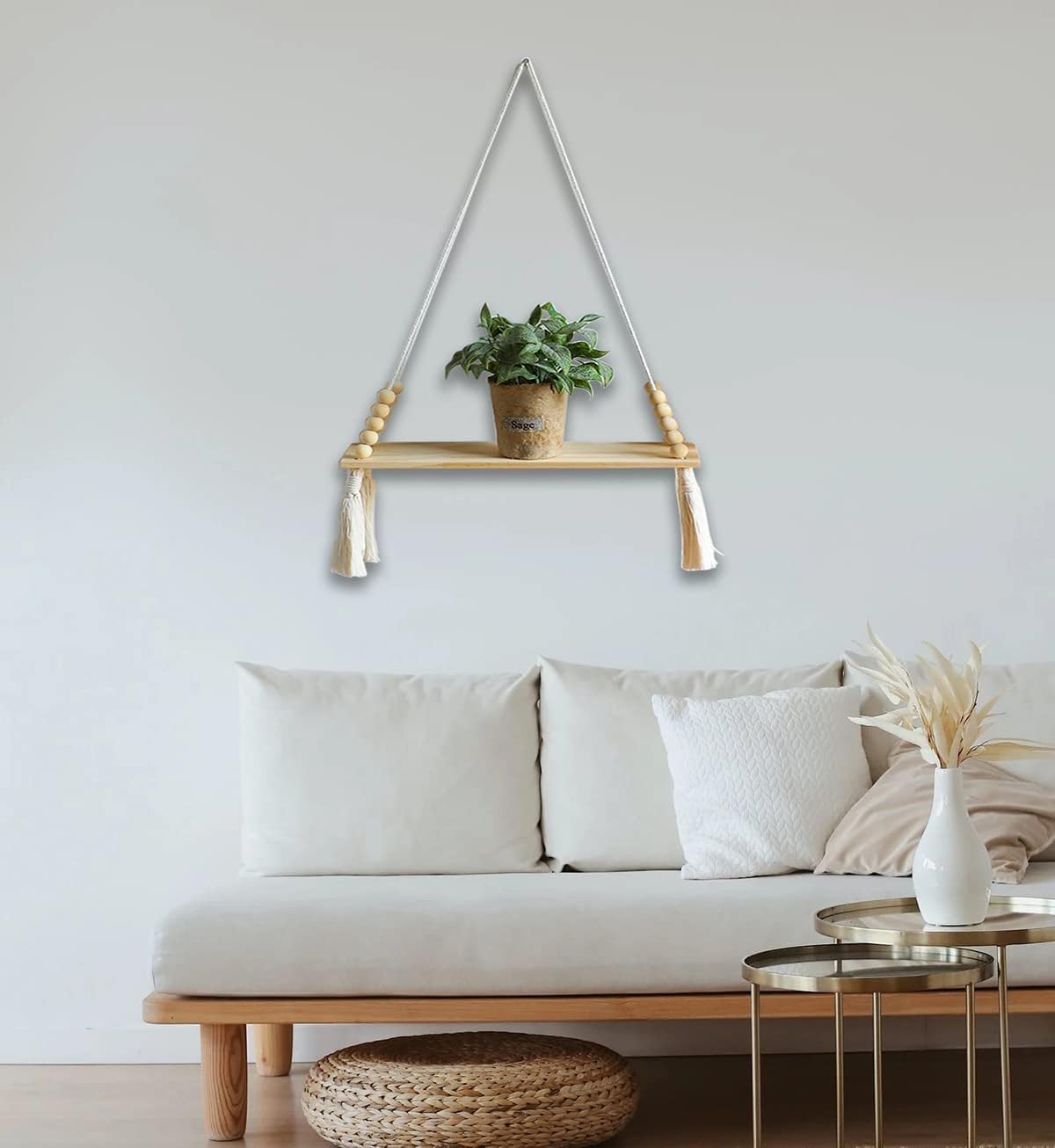 Boho Macrame Wall Shelf – Off-White Handmade Hanging Storage