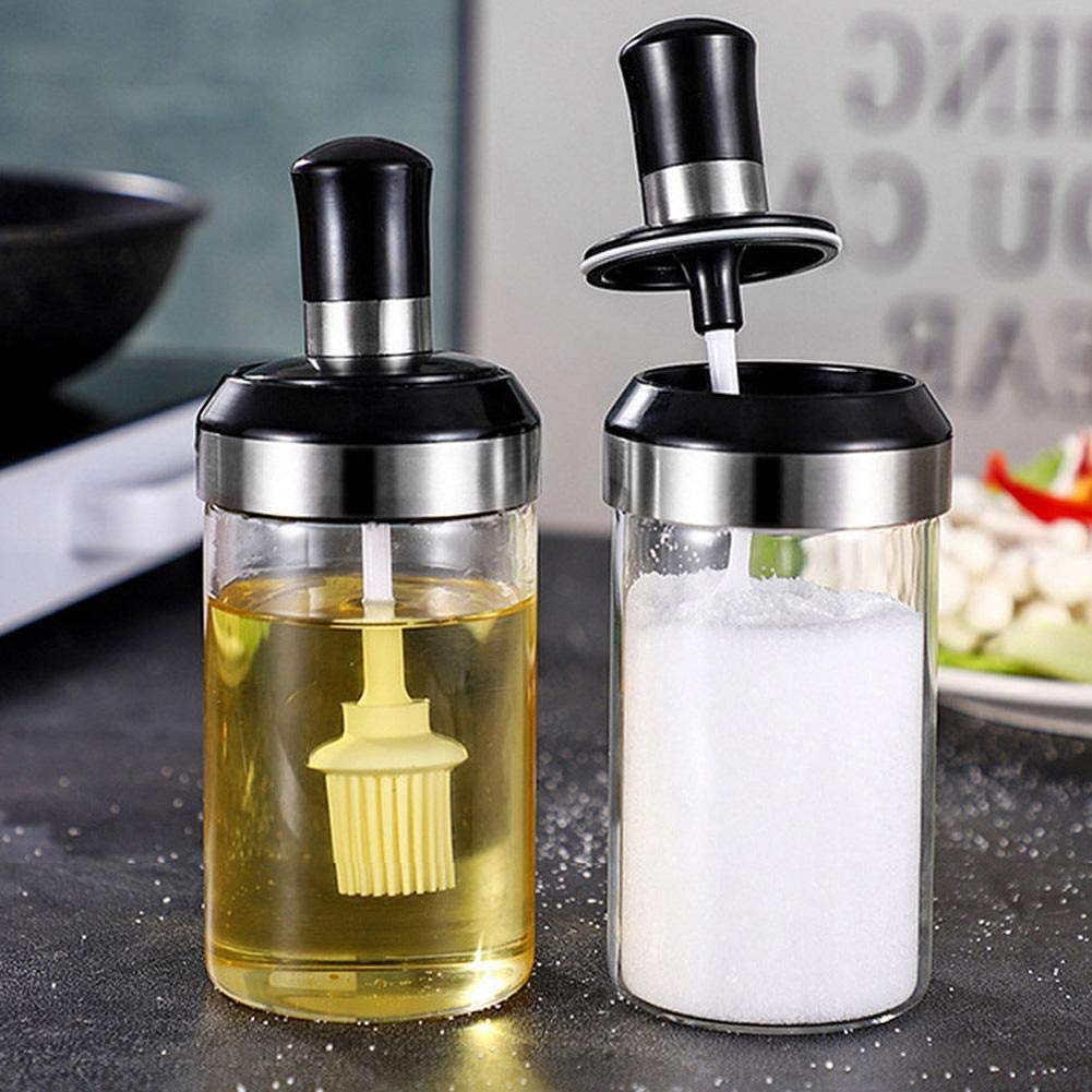 Transparent Glass Food Storage Jar with Brush for Ghee, Butter, Oil dipper Seasoning Bottle Jar -Set of 2 (250ml Each)