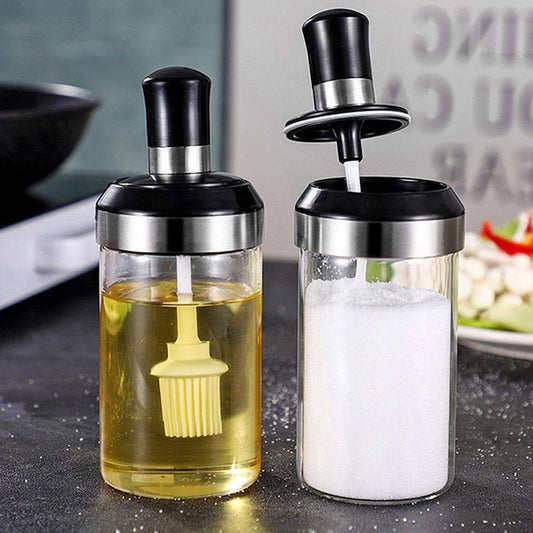 Transparent Glass Food Storage Jar with Brush for Ghee, Butter, Oil dipper Seasoning Bottle Jar -Set of 2 (250ml Each)
