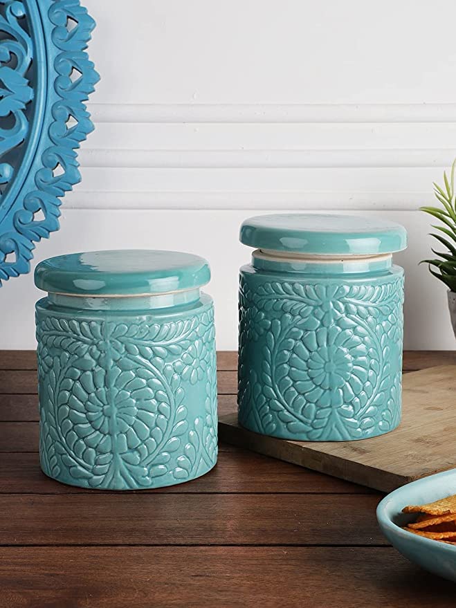 Handcrafted Floral Pattern Premium Clay Ceramic Utility Jars for Kitchen Storage | Set of 2