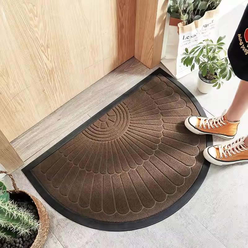 Stylish & Sturdy Semi-Circular Rubber Door Mat – Flower Brown (Extra Large)