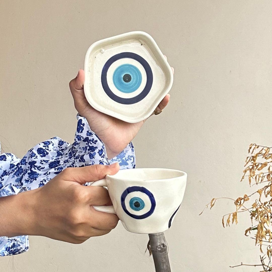 Handcrafted Ceramic Nazarbattu (Evil Eye) Cup & Saucer Set (300 ml)