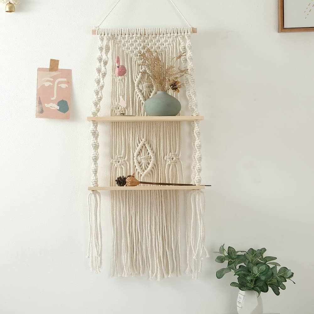 Macrame Hanging Shelf – White Wooden Wall Decor