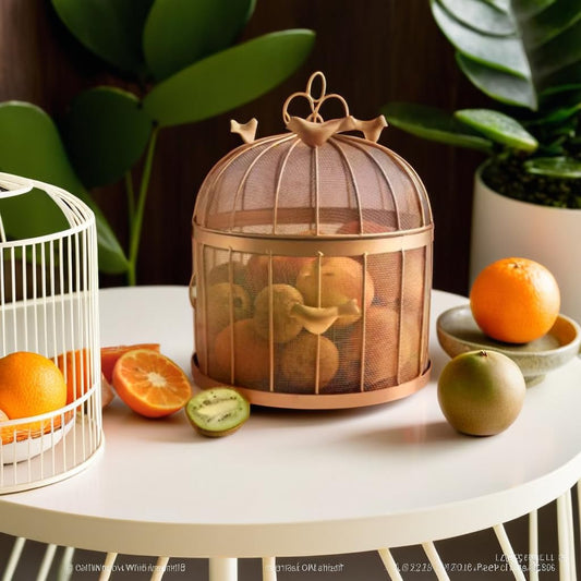 Brass Finished Metal Mesh (Jaali) Fruit Basket with  Lid Countertop Ideal for Storing Fruits, Vegetables