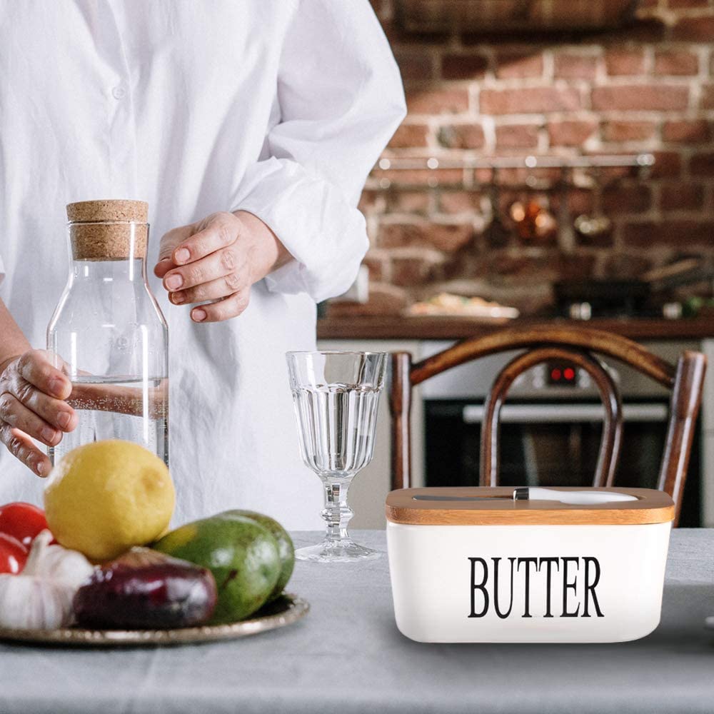 Ceramic Butter Dish with Wooden Lid with Steal Butter Knife, Bamboo Cover and Silicone Sealing Ring (White)