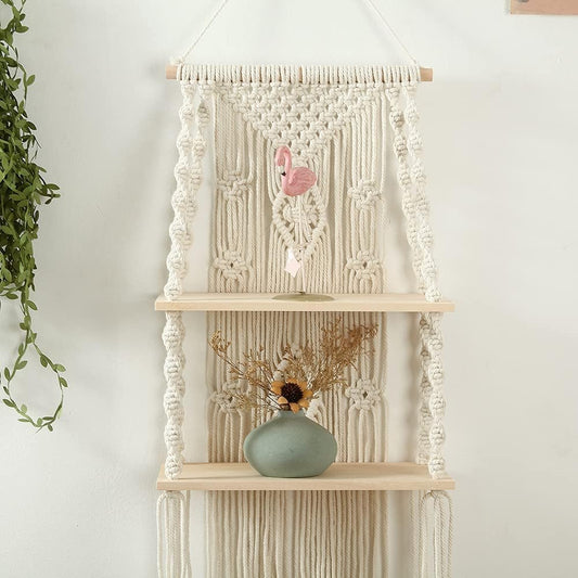 Macrame Hanging Shelf – White Wooden Wall Decor