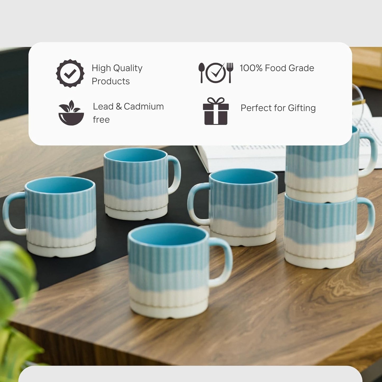 Tritone Sky Blue Fringe Tea Cups & Coffee Cups – 150ml (Set of 6)