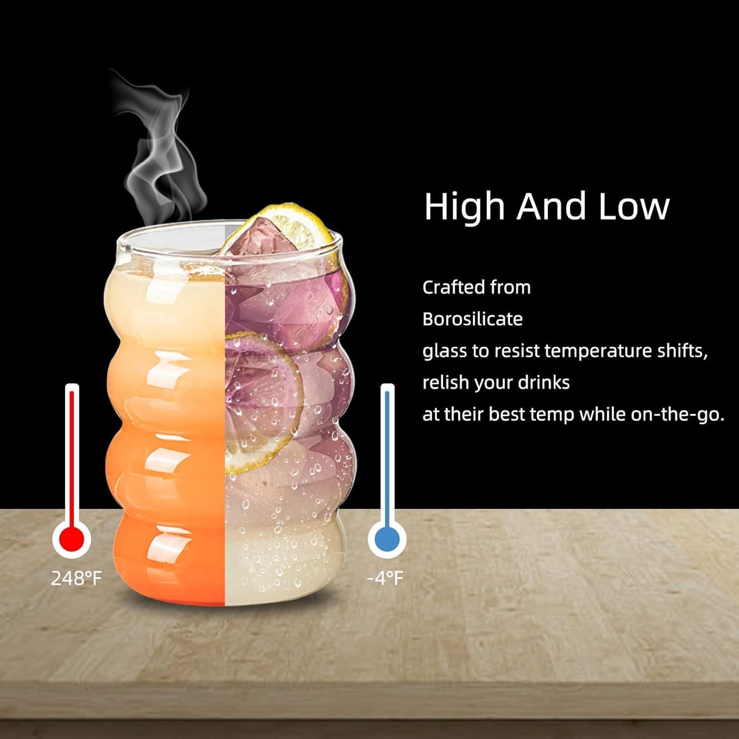Trending Spiral Bubble Glass Tumbler with Wooden Lid & Straw – 500 ml (Pack of 2)