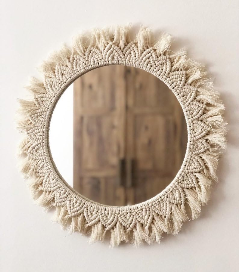 Round Decorative Wall Mirror with Macrame Frame – Boho Design (Off White)