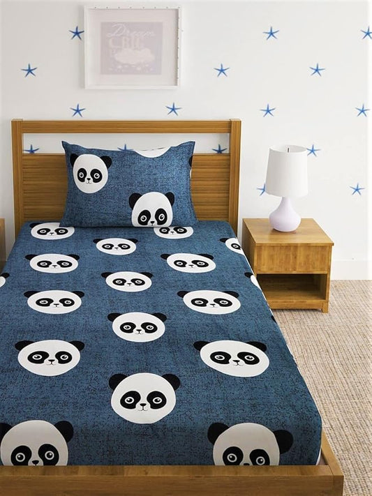Happy Panda Cartoon Glace Cotton Kids Bedsheet Set (60x90 inches)