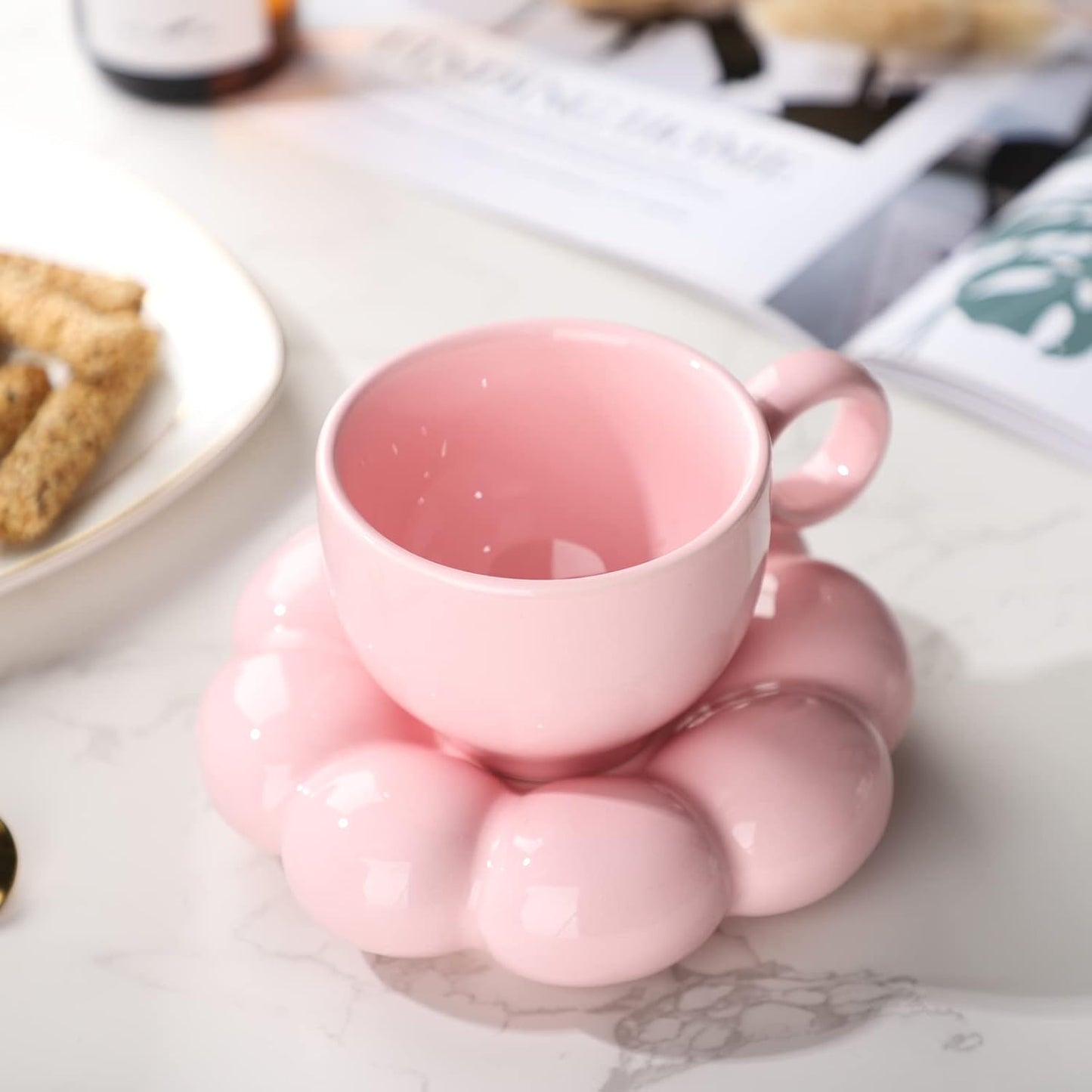 Pink Ceramic Bubble Cup & Saucer Set – 8oz