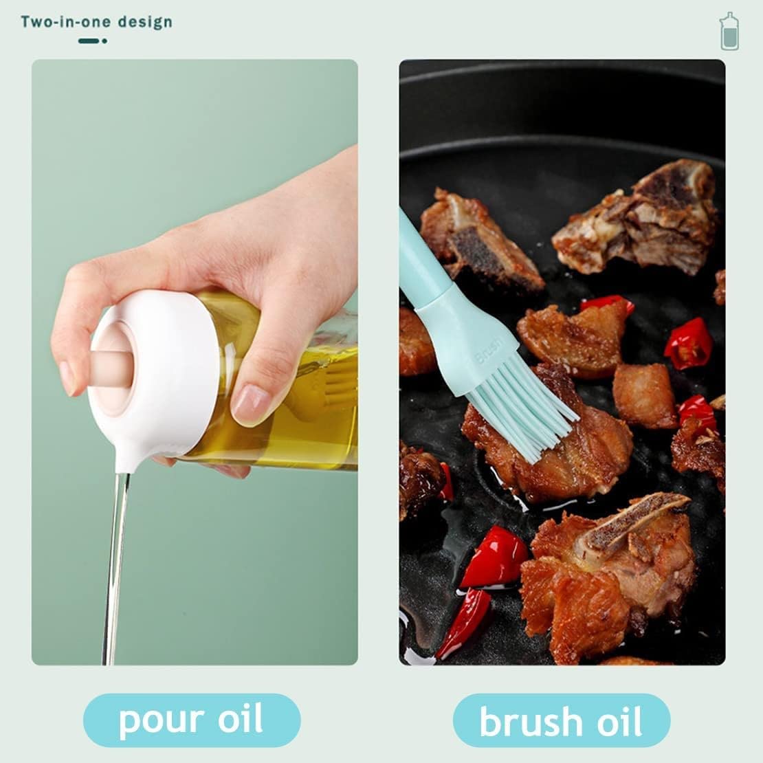 2-in-1 Oil Dispenser Bottle with Silicone Brush | Condiment Jar & Basting Bottle Refillable Oil Container for Kitchen Use – 230ml (Multicolor)
