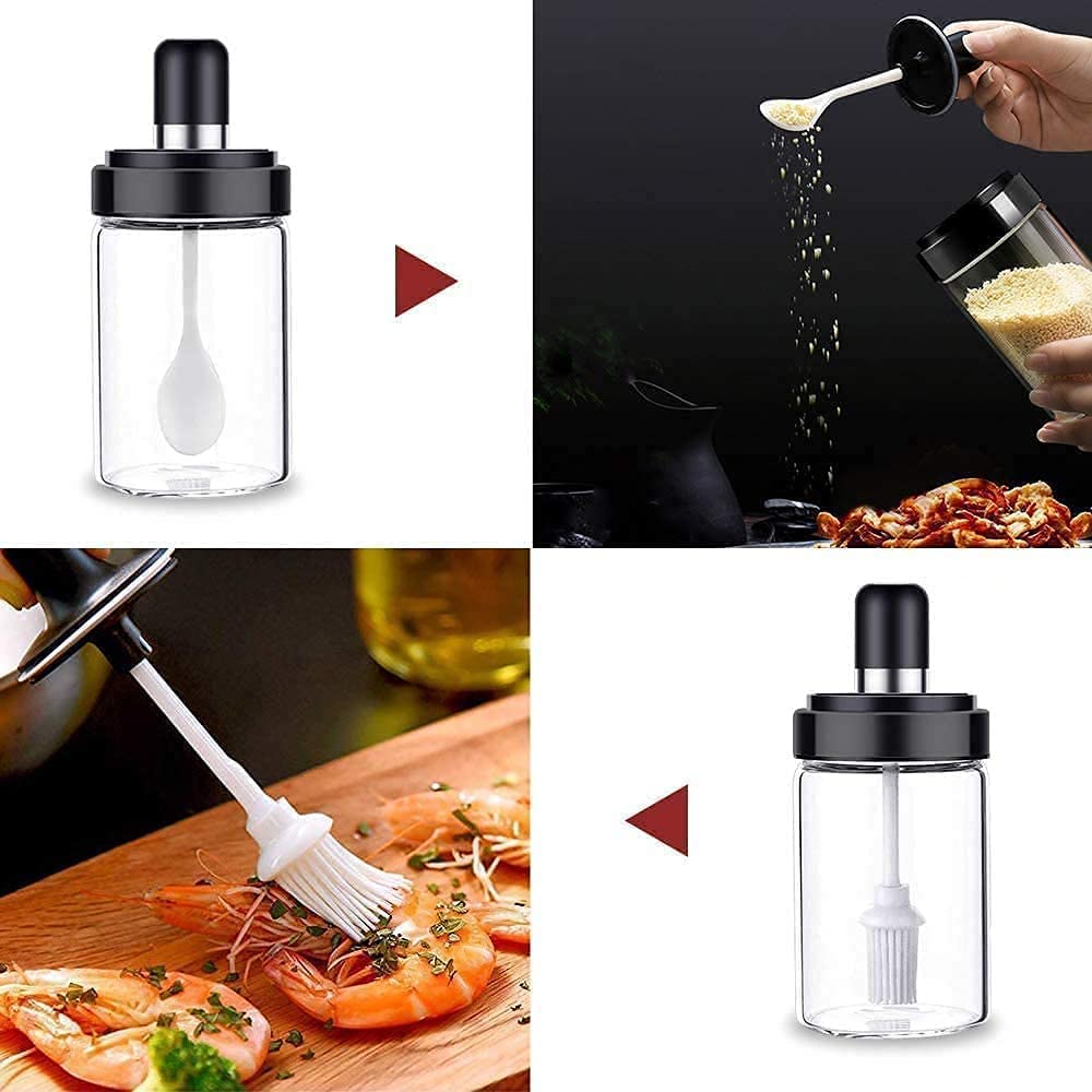 Transparent Glass Food Storage Jar with Brush for Ghee, Butter, Oil dipper Seasoning Bottle Jar -Set of 2 (250ml Each)
