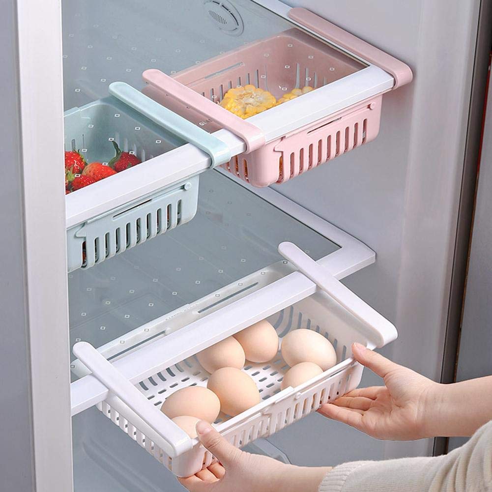 Expandable Fridge Storage Saver Rack Under Shelf Refrigerator Sliding Drawer Fruit Vegetable Egg Chocolate Organizer (4 Pieces)