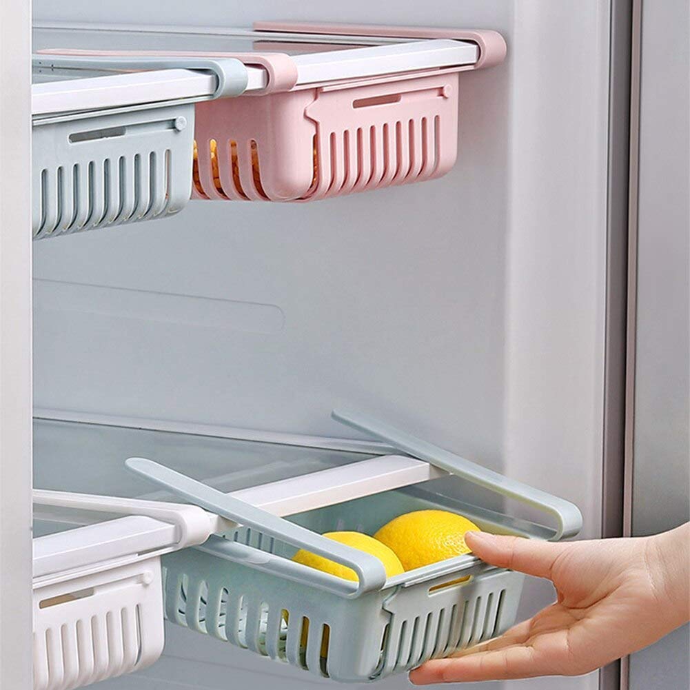 Expandable Fridge Storage Saver Rack Under Shelf Refrigerator Sliding Drawer Fruit Vegetable Egg Chocolate Organizer (4 Pieces)