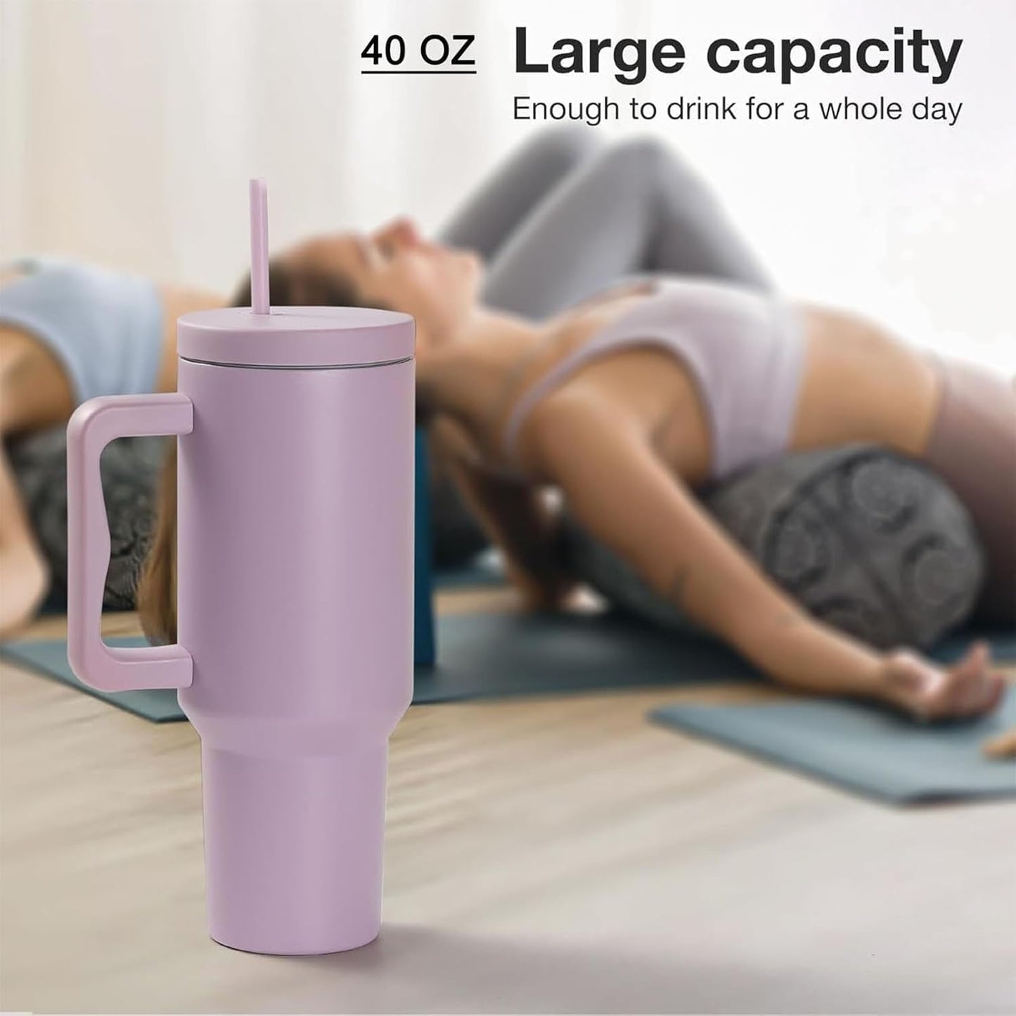 Double Insulated Tumbler with Handle & Straw Lid 40oz (Purple)