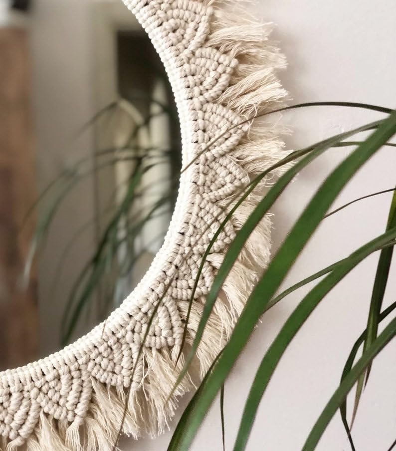 Round Decorative Wall Mirror with Macrame Frame – Boho Design (Off White)