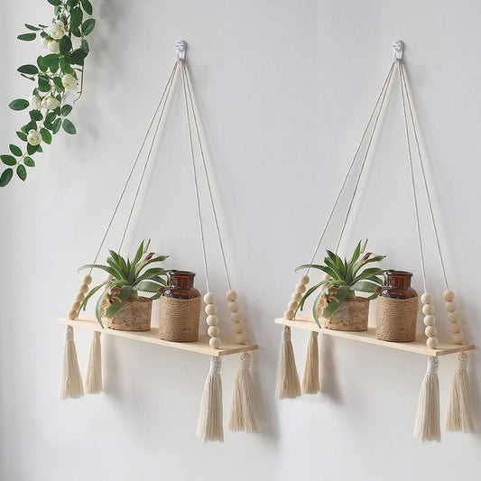 Boho Macrame Wall Shelf – Off-White Handmade Hanging Storage