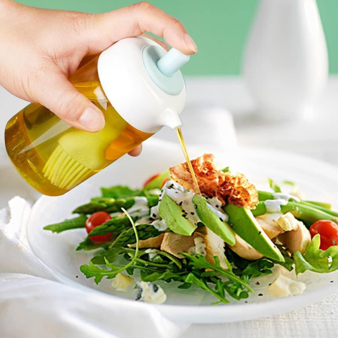 2-in-1 Oil Dispenser Bottle with Silicone Brush | Condiment Jar & Basting Bottle Refillable Oil Container for Kitchen Use – 230ml (Multicolor)