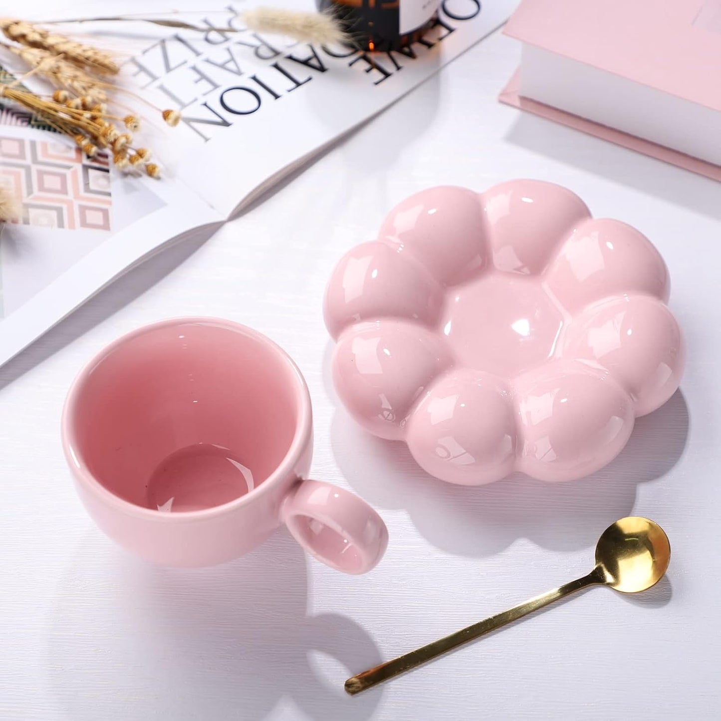 Pink Ceramic Bubble Cup & Saucer Set – 8oz