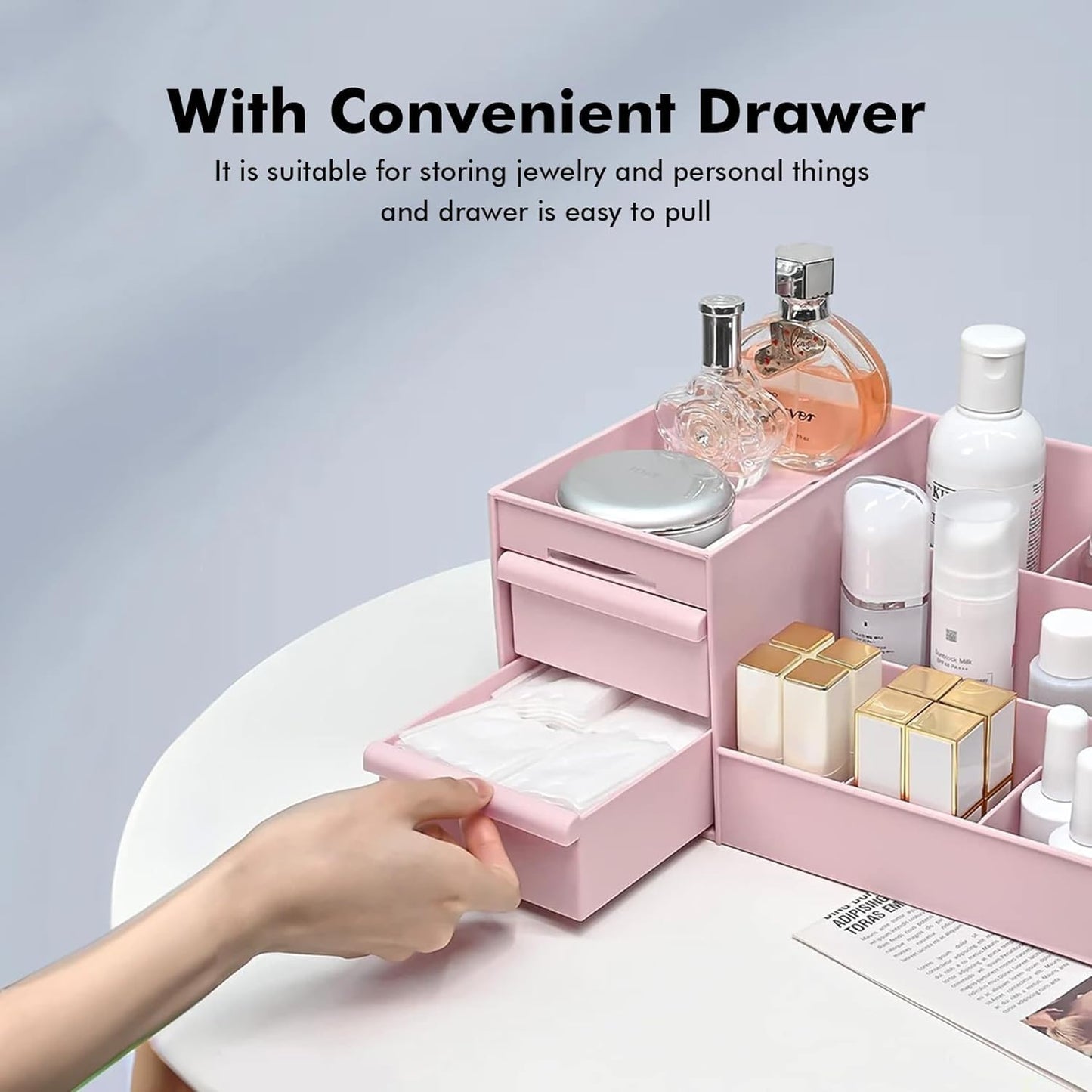 Cosmetic Organizer Box Drawers Storage Plastic Stationary Box | Make Up Organiser For Women (Pink)