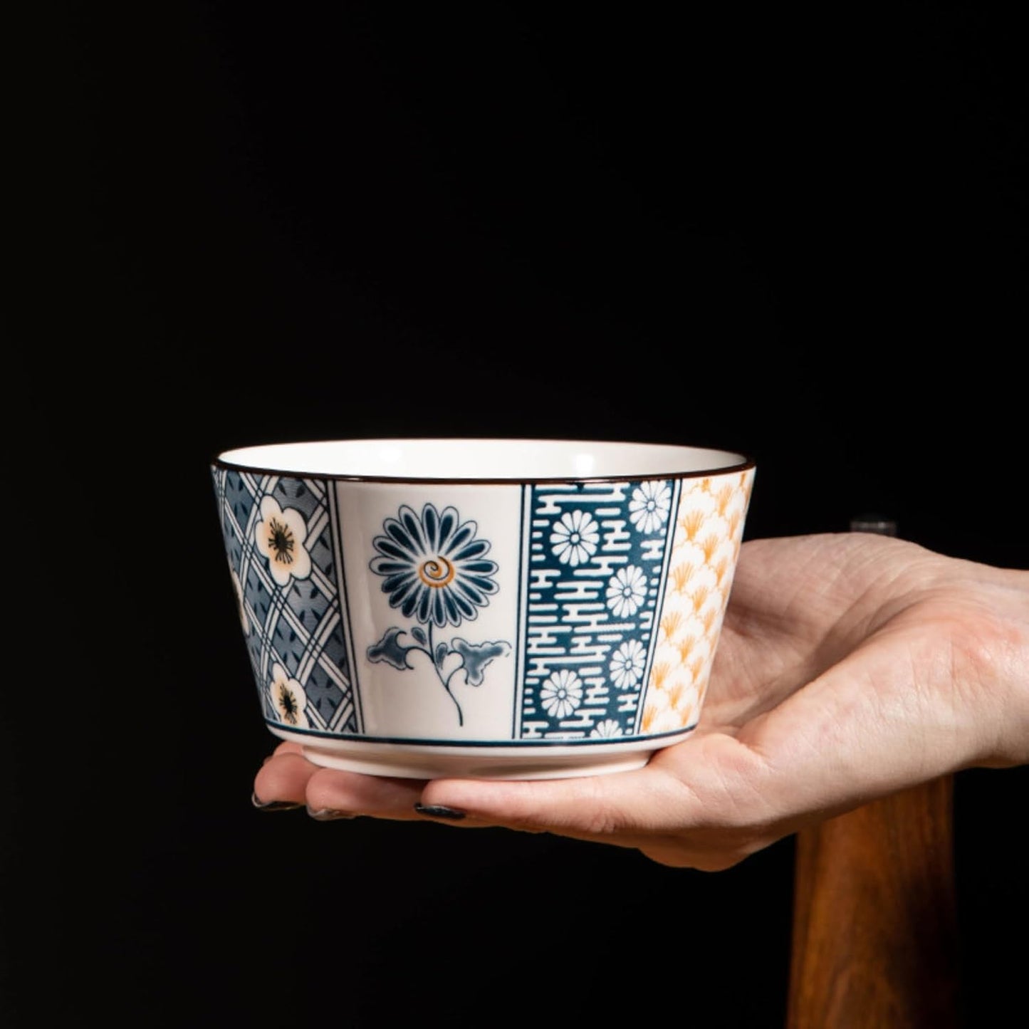 Japanese Style Ceramic Snack Bowls-400ml, Handcrafted Floral & Geometric Patterns (Pack of 4)