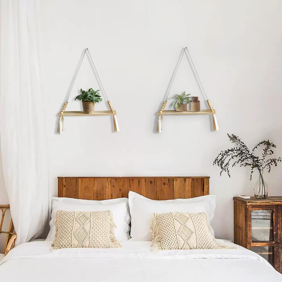 Boho Macrame Wall Shelf – Off-White Handmade Hanging Storage