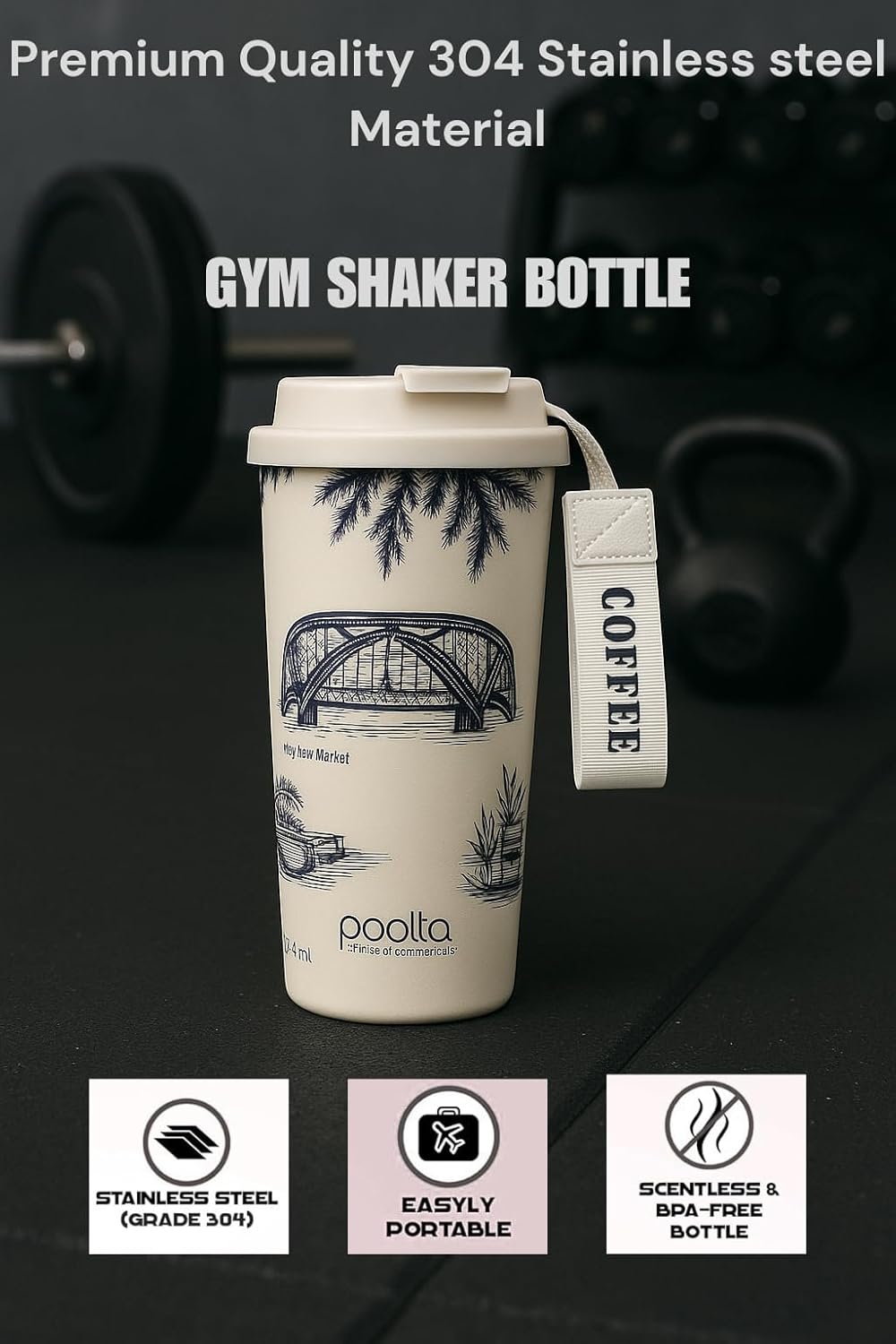 Premium Vacuum Insulated Coffee Tumbler, Travel Tumbler Durable Material, Insulated- Stainless Steel Tumbler 550 ml Shaker (White)