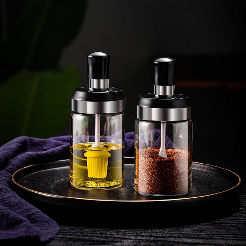Transparent Glass Food Storage Jar with Brush for Ghee, Butter, Oil dipper Seasoning Bottle Jar -Set of 2 (250ml Each)