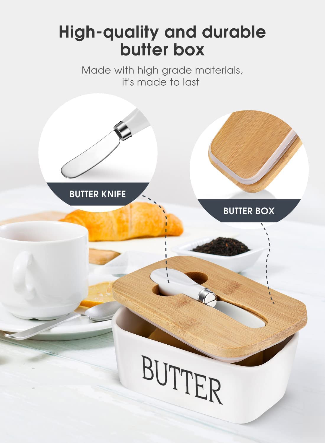 Ceramic Butter Dish with Wooden Lid with Steal Butter Knife, Bamboo Cover and Silicone Sealing Ring (White)