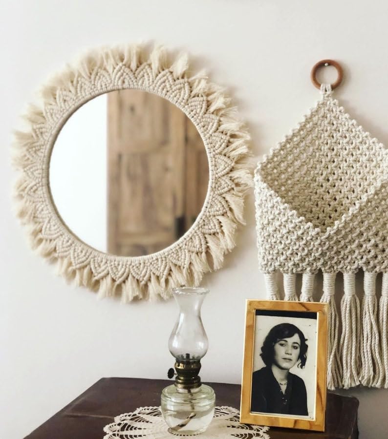 Round Decorative Wall Mirror with Macrame Frame – Boho Design (Off White)