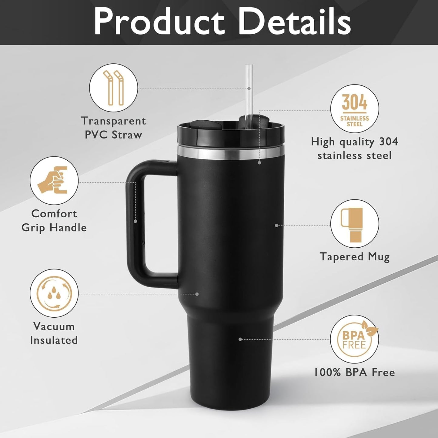 1200ML Stainless Steel Travel Tumbler with Handle & Straw