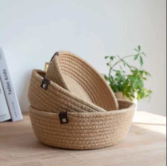 Woven Cotton Rope Storage Basket with Cat Face Design, Decorative Organizer, Natural Jute (Beige) (pack of 3)