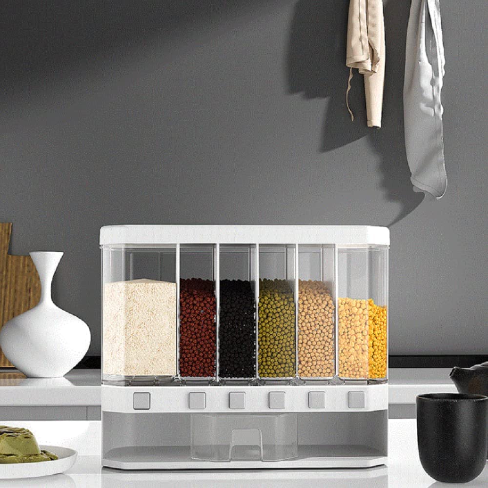 Wall Mounted Cereal Plastic Dispenser - 6 Grid Dry Food Dispenser for Kitchen Storage