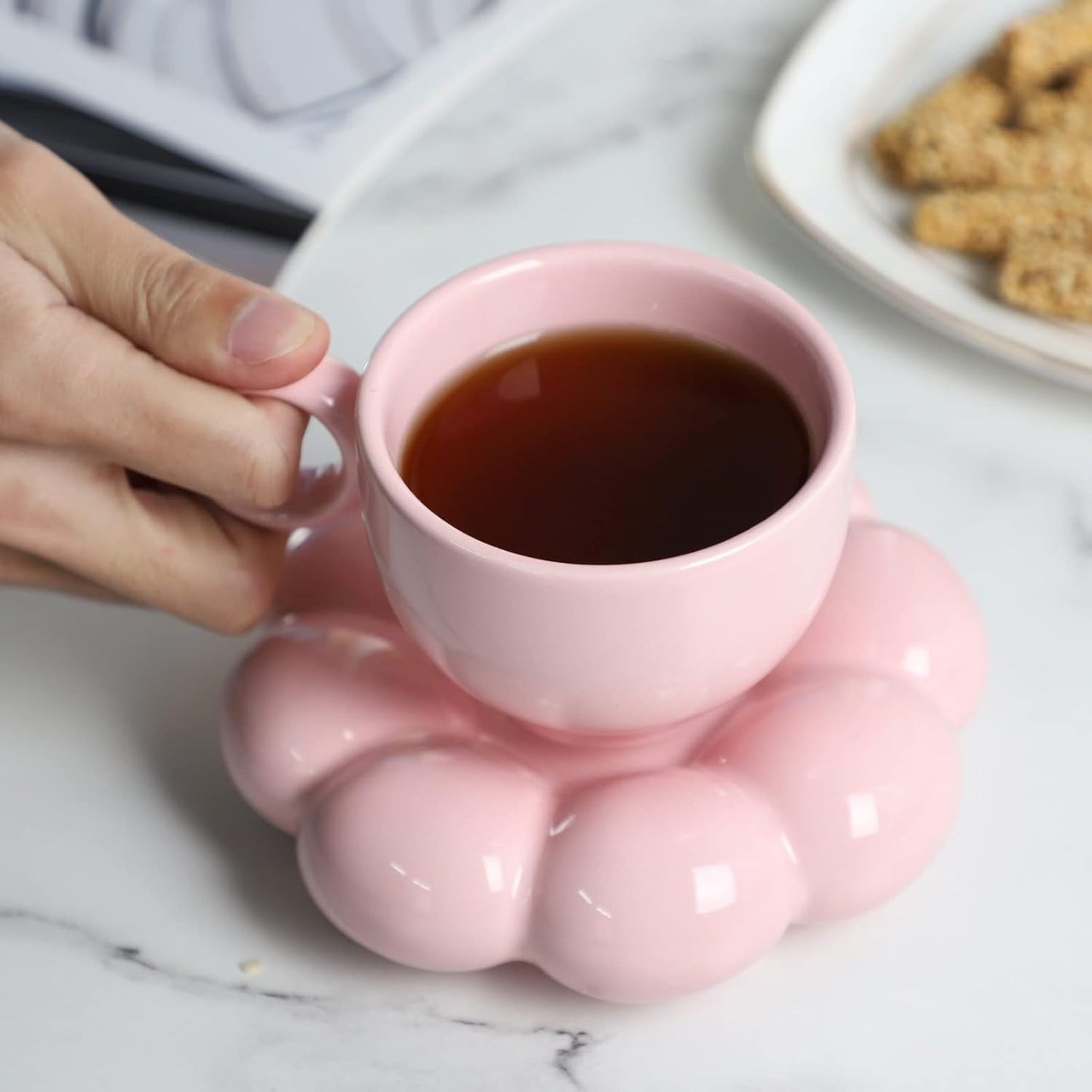 Pink Ceramic Bubble Cup & Saucer Set – 8oz