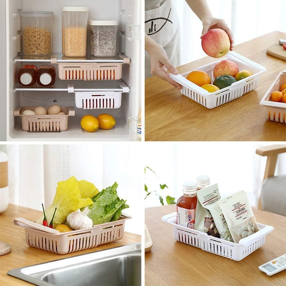 Expandable Fridge Storage Saver Rack Under Shelf Refrigerator Sliding Drawer Fruit Vegetable Egg Chocolate Organizer (4 Pieces)