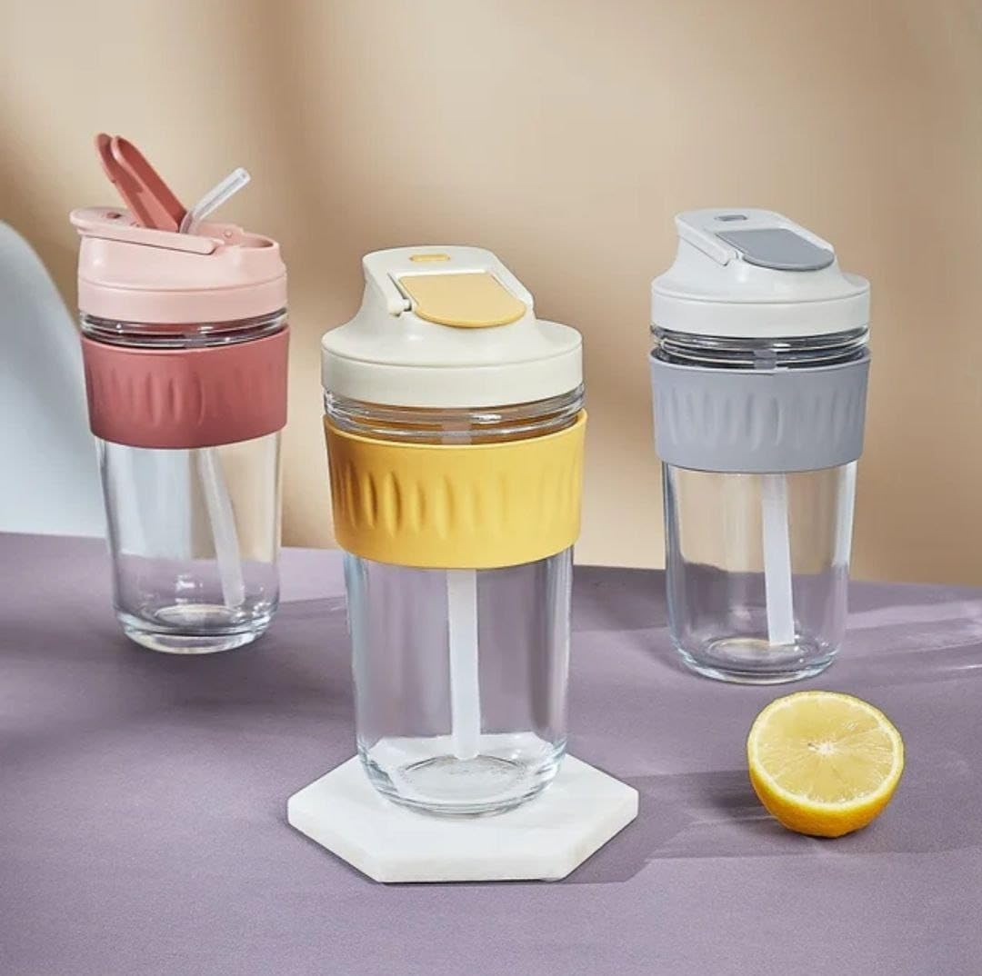 Sipper Glass Travel Coffee And Juice Mug With Lid & Straw