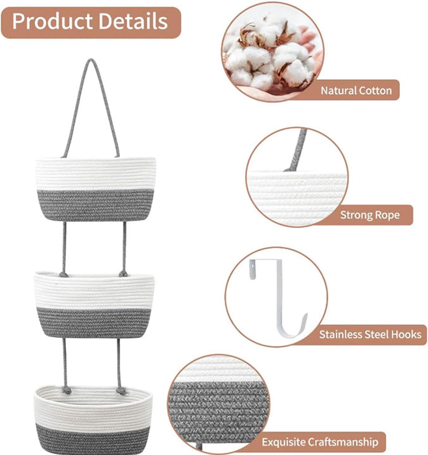 Hanging Basket Large 3 Tier Storage Bag for Indoor Tabletop Bathroom Bedroom Hanging Basket