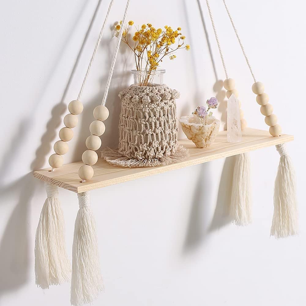 Boho Macrame Wall Shelf – Off-White Handmade Hanging Storage