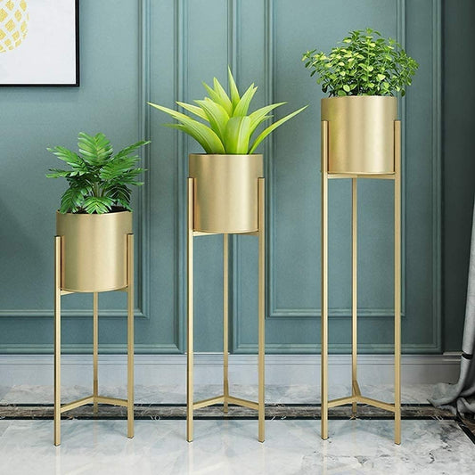 Golden Elegance Metal Tall Planter Stands with Pots  β Set of 3
