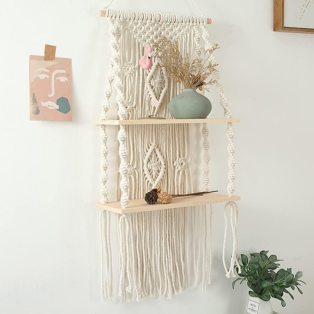Macrame Hanging Shelf – White Wooden Wall Decor