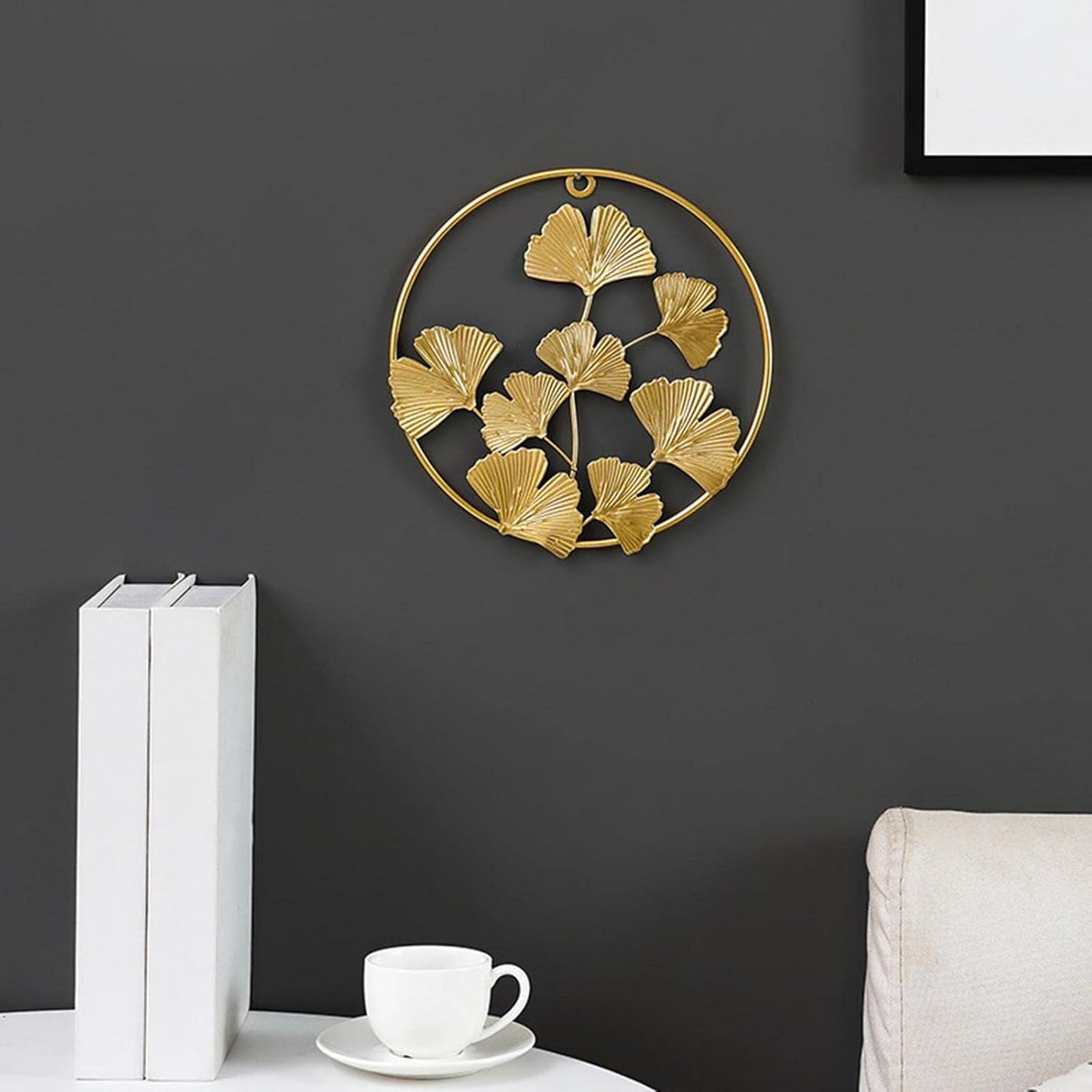 Golden Ginkgo Wall Art Round Metal Decor Pieces – Set of 2