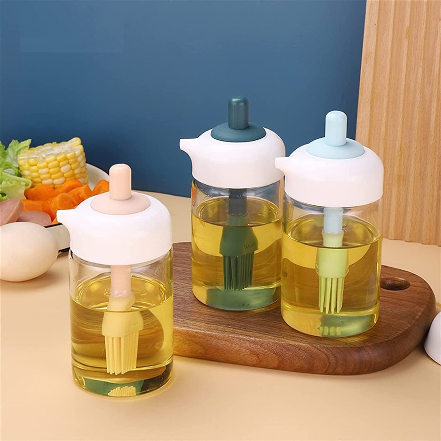 2-in-1 Oil Dispenser Bottle with Silicone Brush | Condiment Jar & Basting Bottle Refillable Oil Container for Kitchen Use – 230ml (Multicolor)