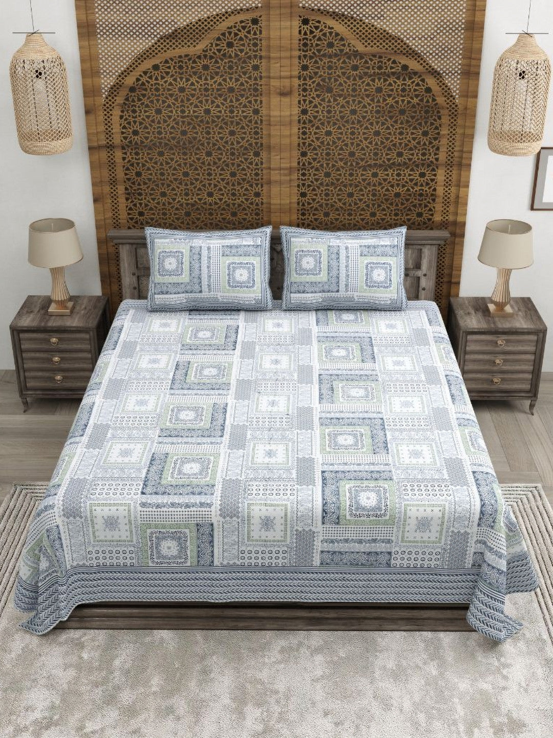 Rangloom Fabrics Grey Geometric Pure Cotton 180 TC King Fine Bedsheet with 2 Pillow Covers