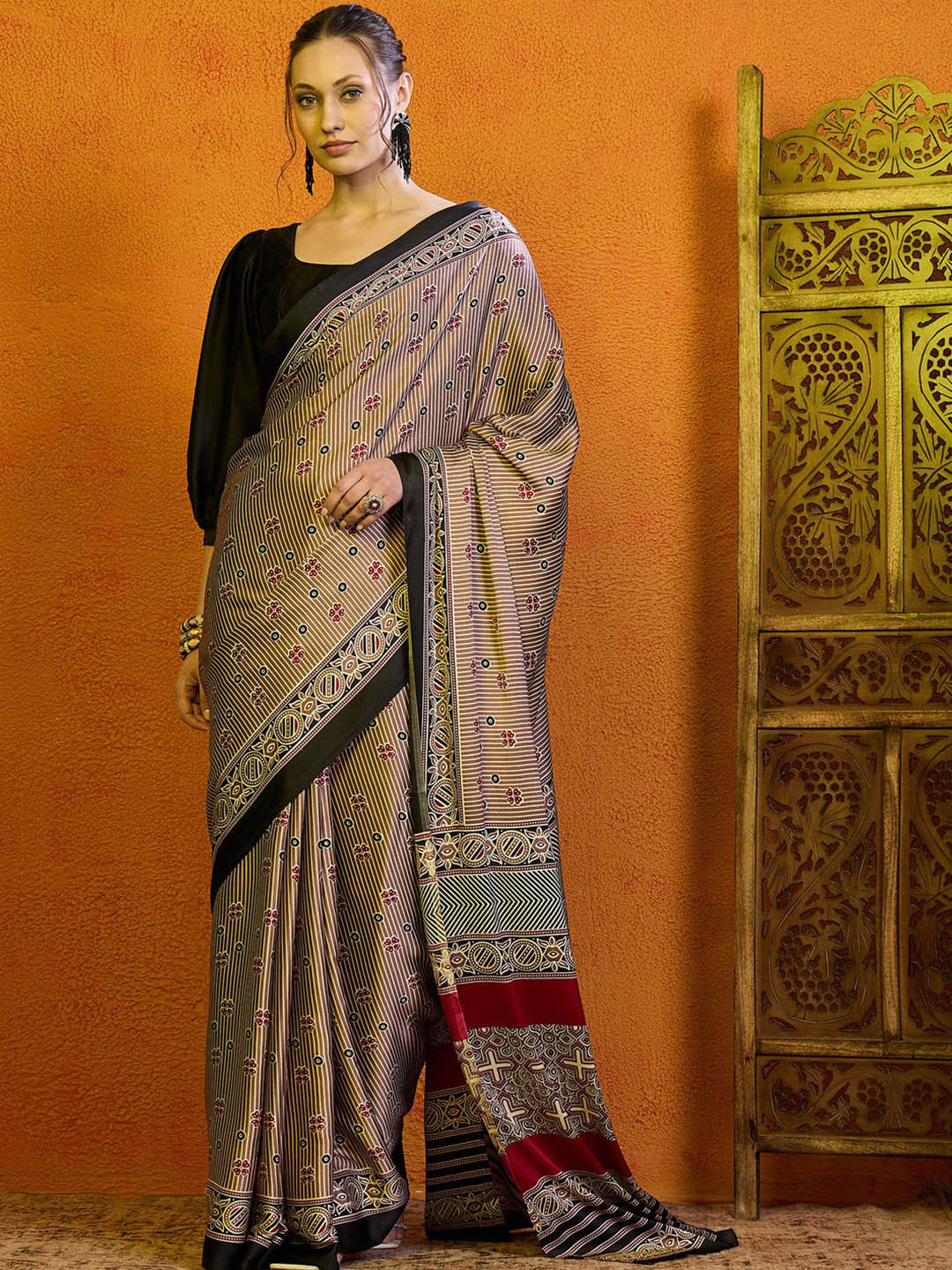 Rani Raiment Striped Satin Block Print Saree