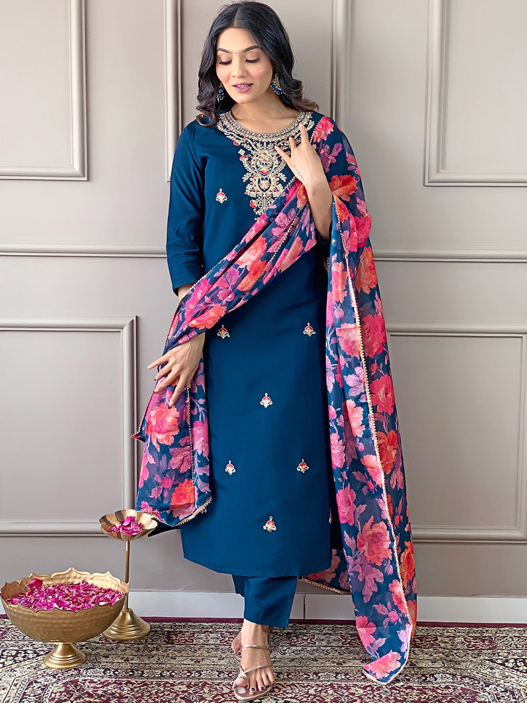 Rani Raiment Turquoise Blue Floral Embroidered Regular Thread Work With Trousers & Dupatta
