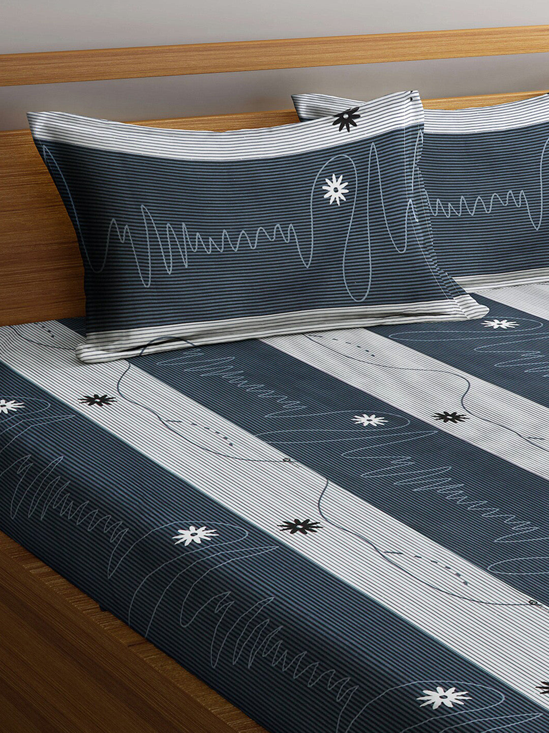Rangloom Fabrics Blue Striped Cotton 300 TC King Fine Bedsheet with 2 Pillow Covers