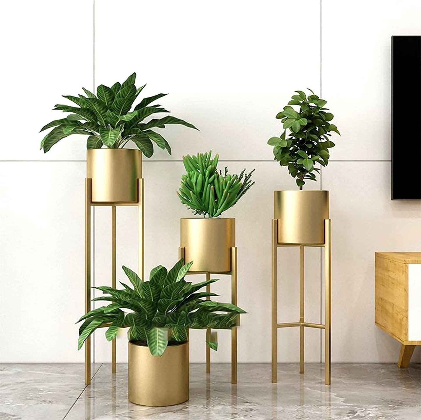 Golden Elegance Metal Tall Planter Stands with Pots  – Set of 3