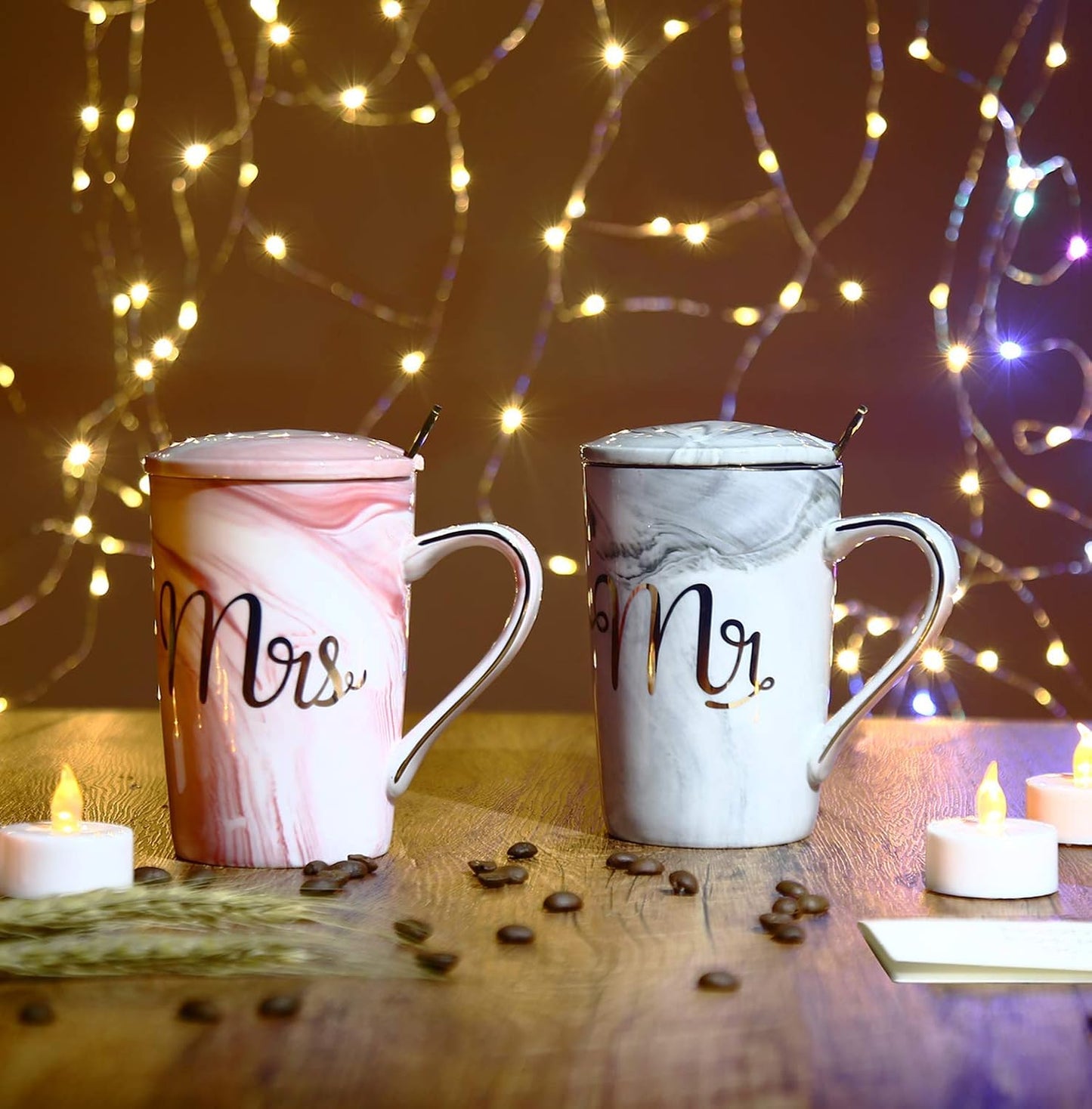 Mr. & Mrs. Ceramic Marble Finish Coffee Mug with Lid & Spoon (380 ml)